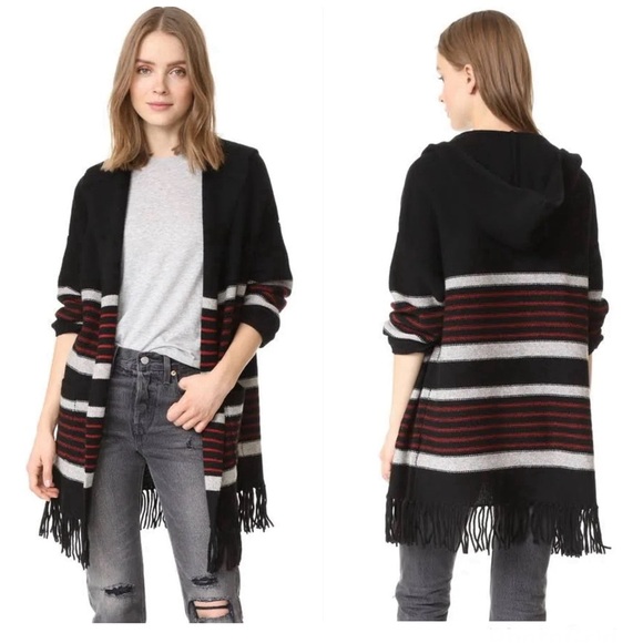 JOIE Gabrina Black Red Hooded Wool Yak Striped Fringe Western Open Cardigan Sz M - Picture 16 of 16